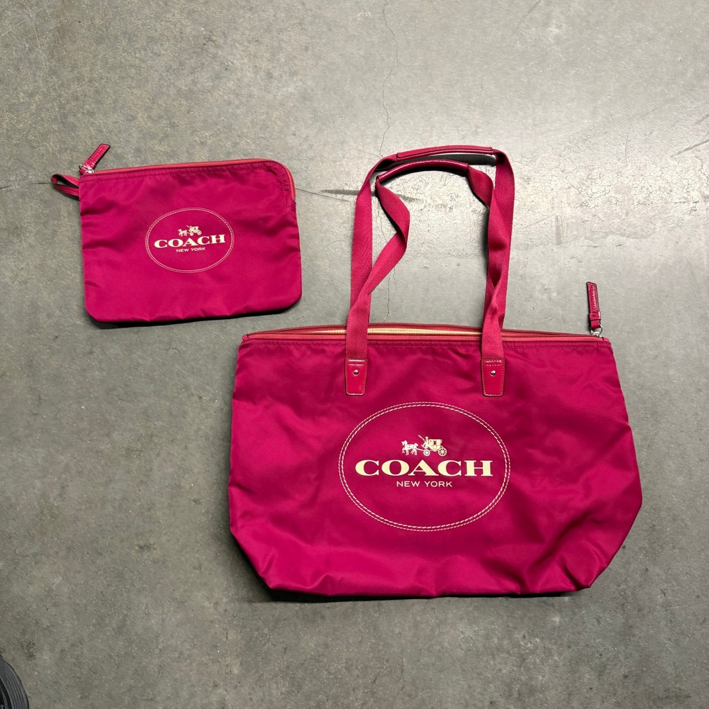 Coach New York Magenta Pink Nylon Packable Tote Bag and Pouch Set Logo Travel